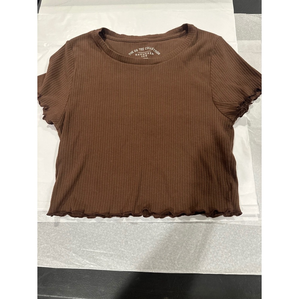 Aeropostale Shrunken Tee Brown Ribbed Lettuce Edge Crop Top XL OG Tee Collection